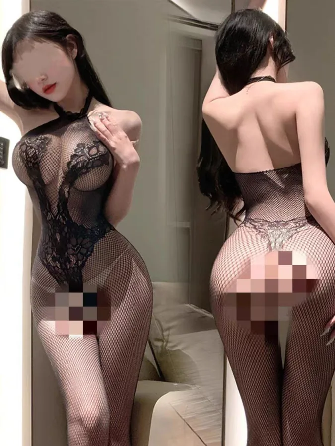 Halterbodysuit i spets och mesh