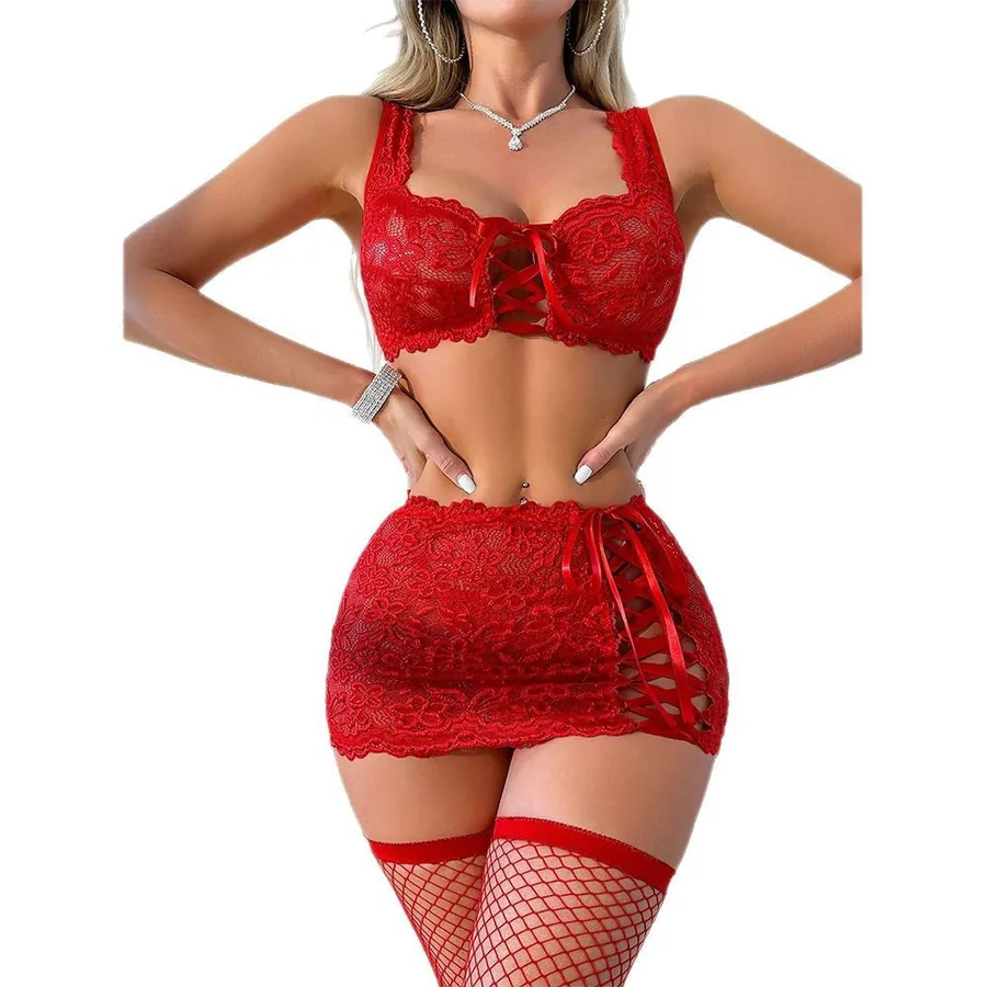 Conjunto de sujetador y tanga de encaje rojo transparente