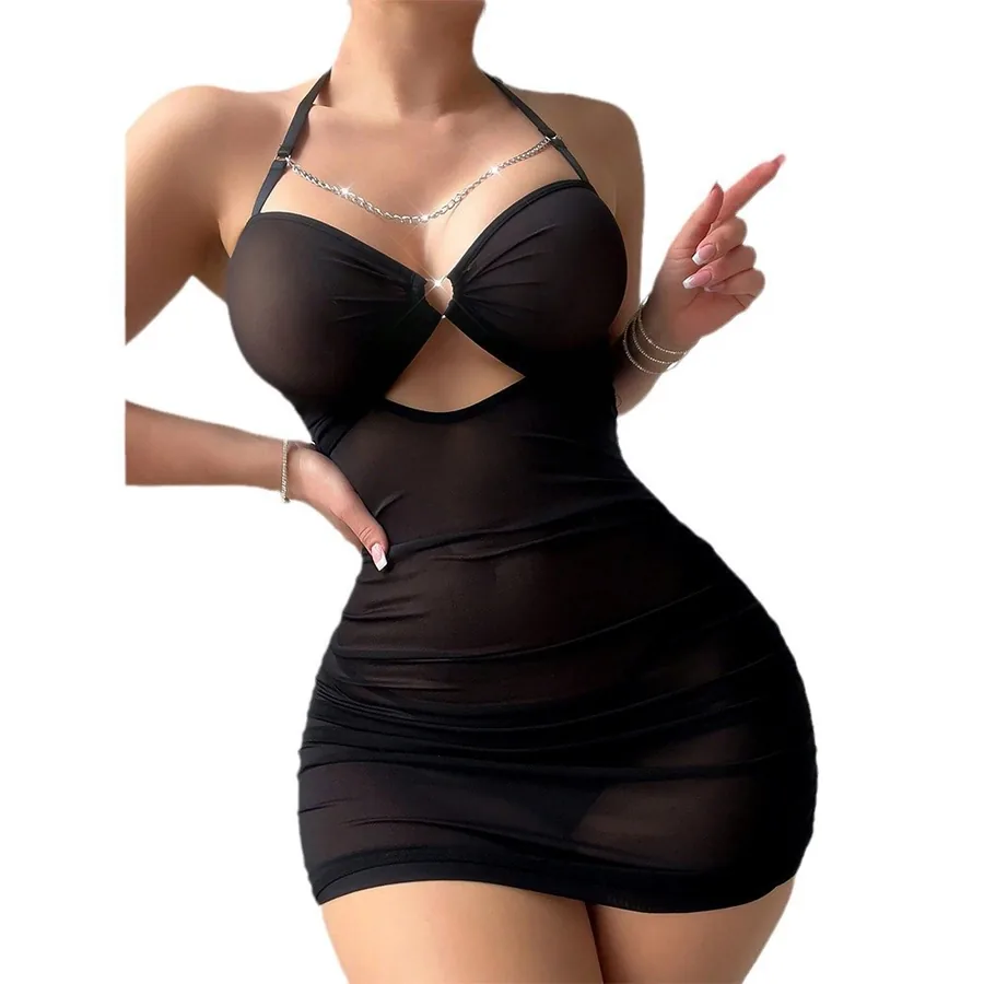 Sottoveste in pizzo e mesh con perizoma