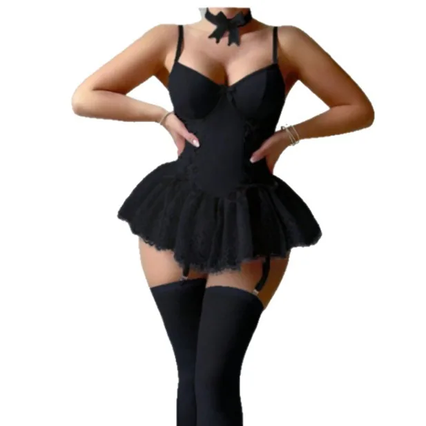 Conjunto de body vestido con lazo de encaje y malla