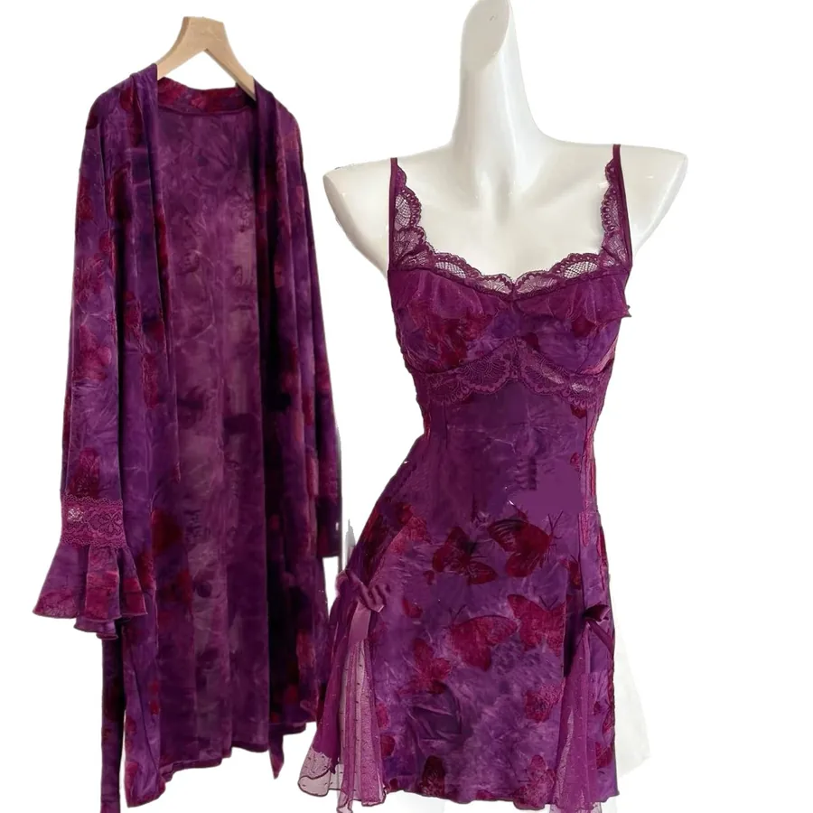 Set camicia da notte e vestaglia in pizzo farfalla con allacciatura al collo