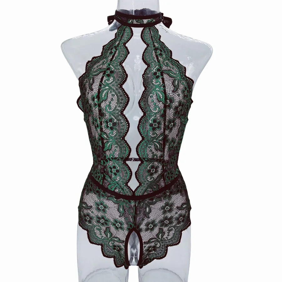 Open rug bodysuit met diepe V-hals en kantprint