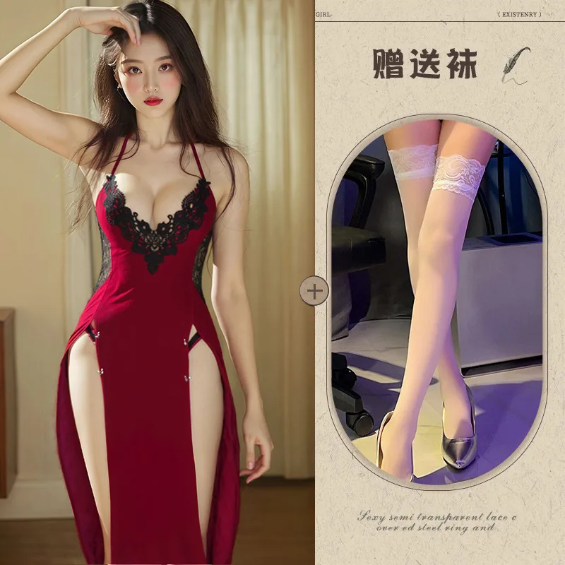 Sammetsklänning i qipao-stil med djup V-ringning