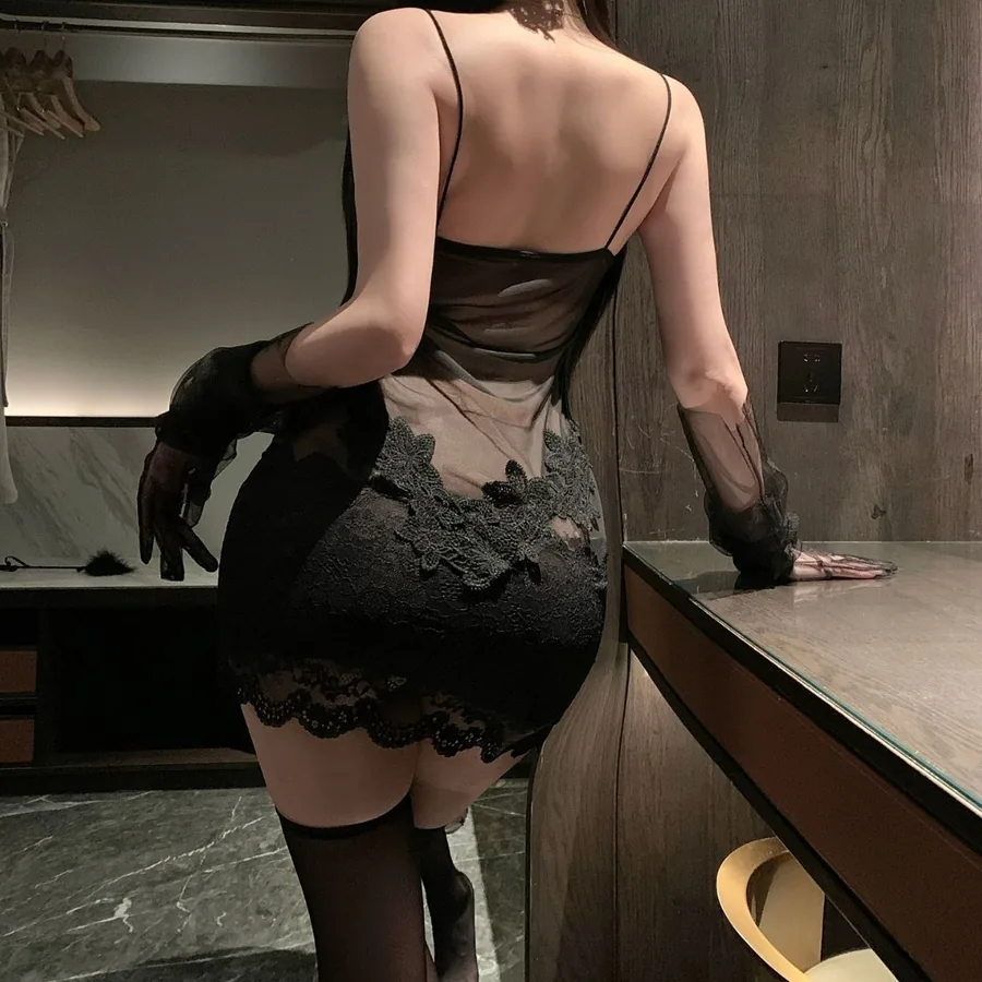 Conjunto de ropa de dormir vestido lencería de tirantes transparente con ribete de encaje