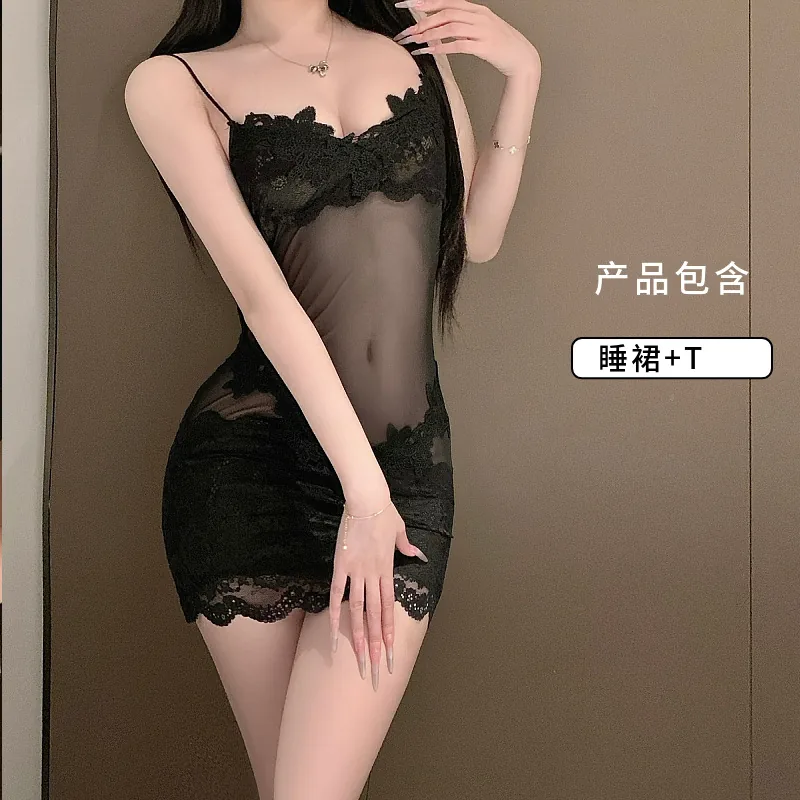 Conjunto de ropa de dormir vestido lencería de tirantes transparente con ribete de encaje