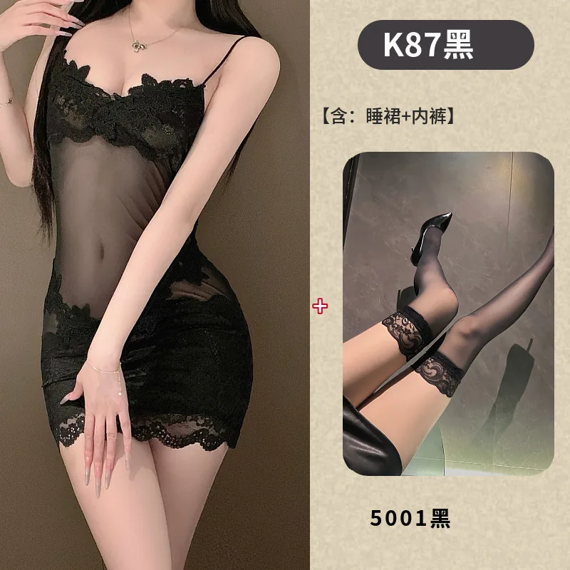 Conjunto de ropa de dormir vestido lencería de tirantes transparente con ribete de encaje
