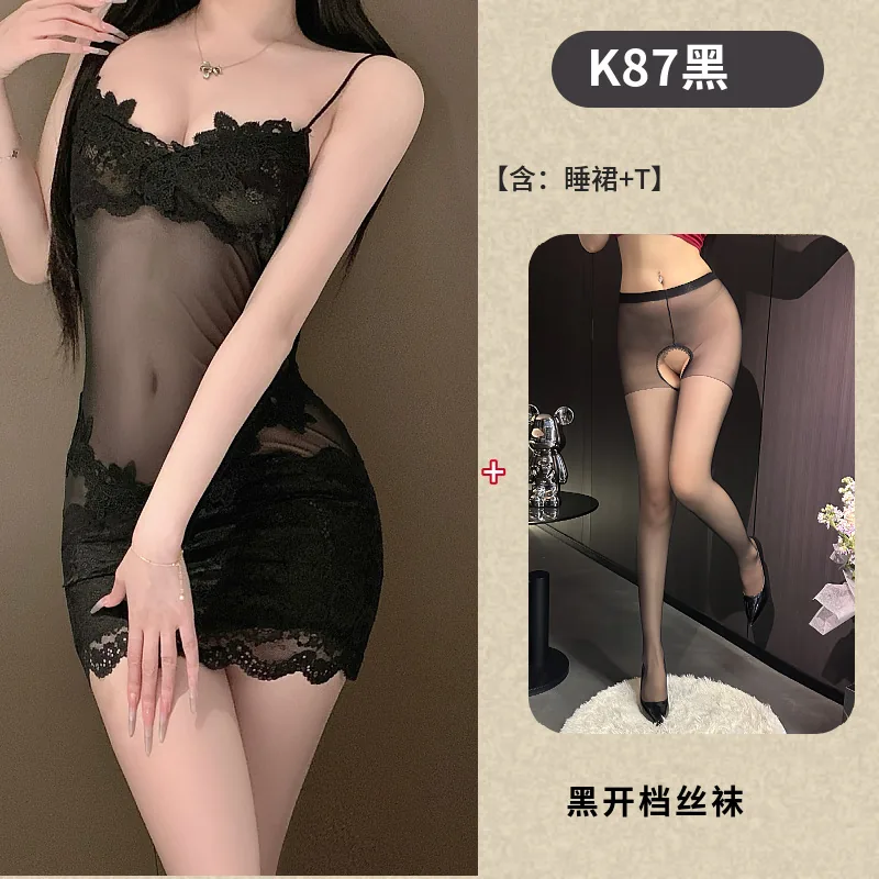 Conjunto de ropa de dormir vestido lencería de tirantes transparente con ribete de encaje