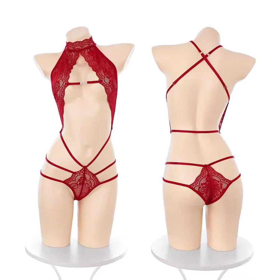 Kanten bodysuitset met diepe V-hals en halterbandjes
