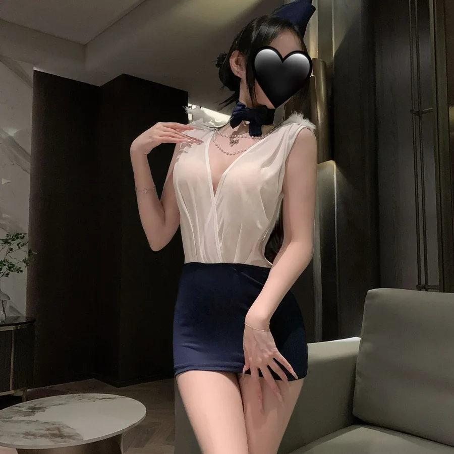 Costume da Assistente di Volo Adherente in Mesh con Scollo Profondo a V
