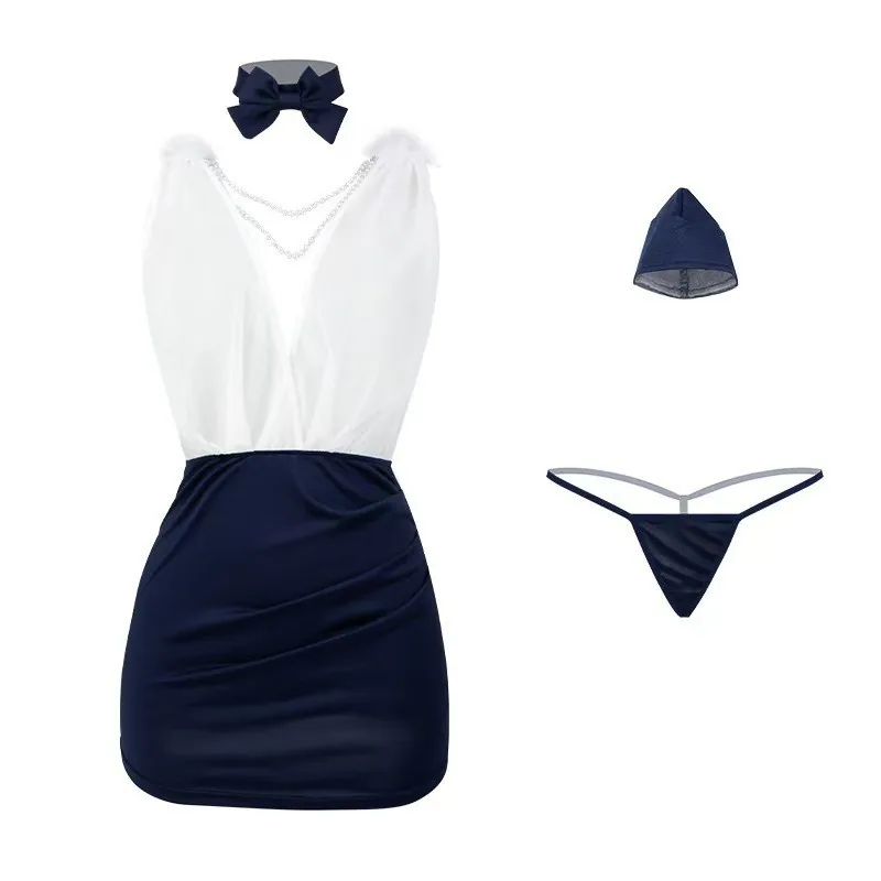 Costume da Assistente di Volo Adherente in Mesh con Scollo Profondo a V