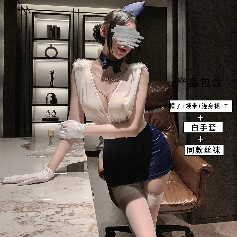 Costume da Assistente di Volo Adherente in Mesh con Scollo Profondo a V