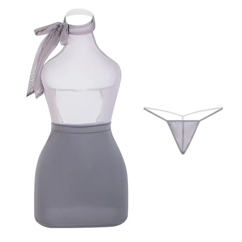 Costume da Assistente di Volo Adherente in Mesh con Scollo Profondo a V