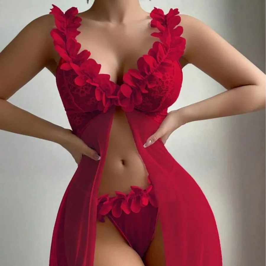 Mesh-Spitzen-Blumen-Sheer-Nachtwäsche-Set