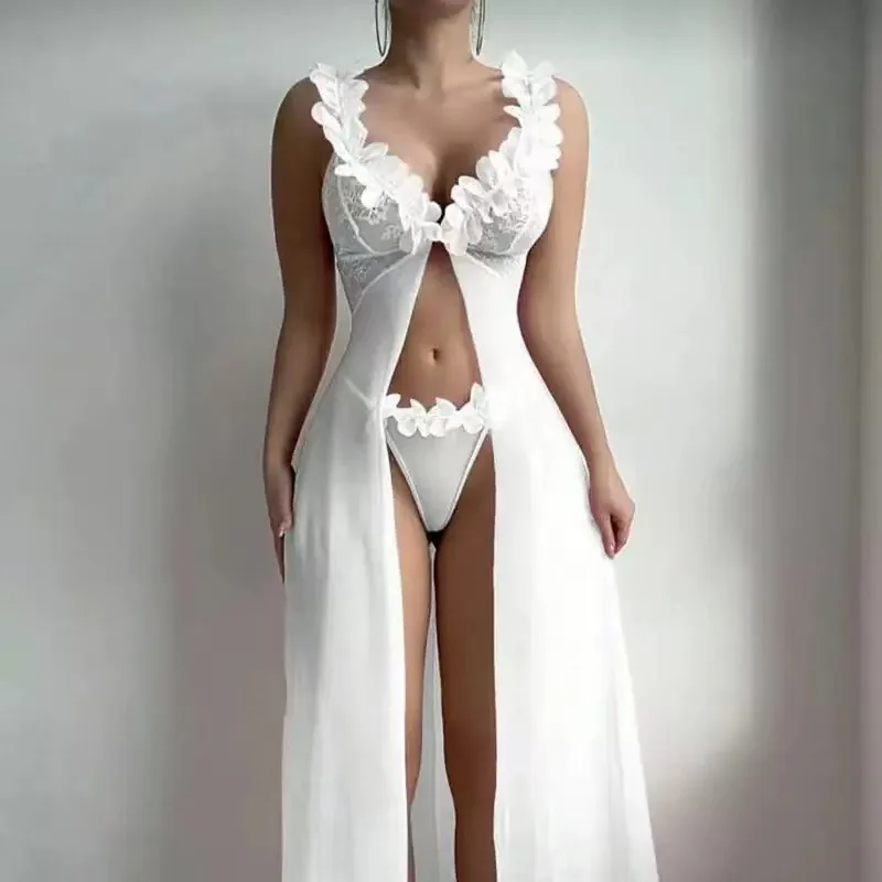 Mesh-Spitzen-Blumen-Sheer-Nachtwäsche-Set