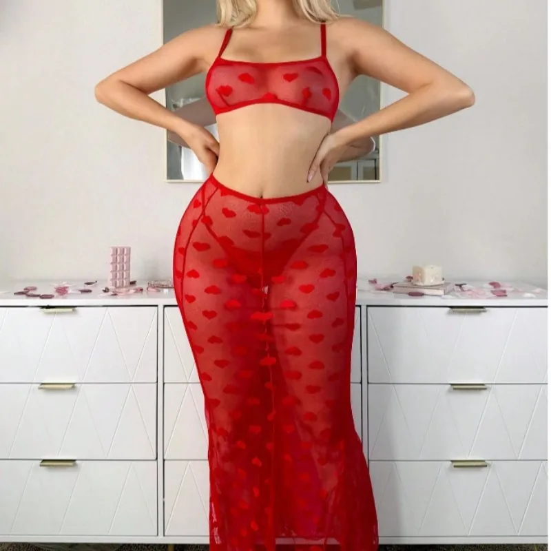 Transparentes Mesh-Dessous-Set mit Herzmuster