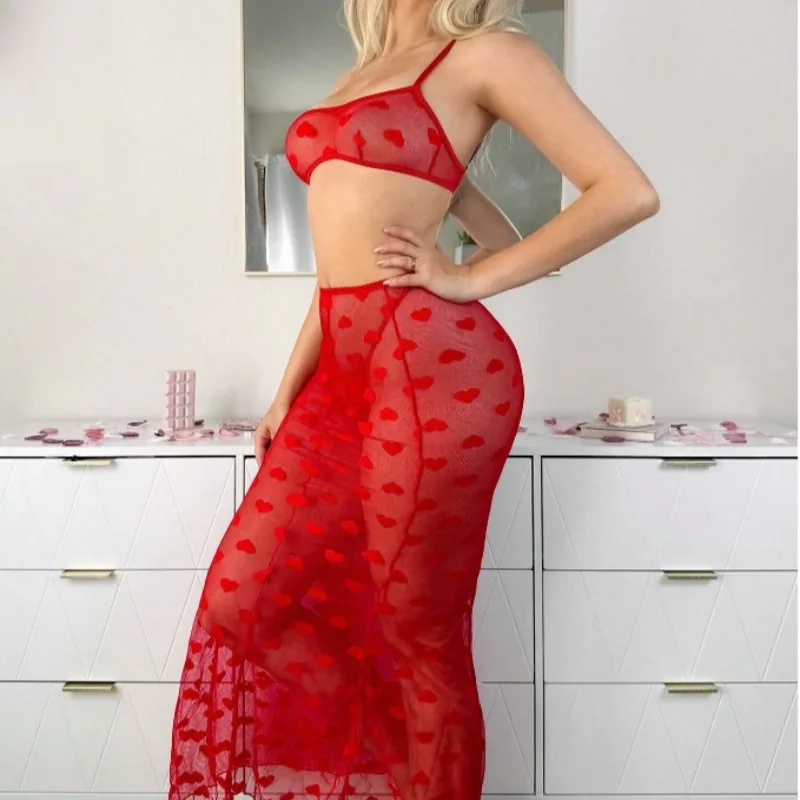 Transparentes Mesh-Dessous-Set mit Herzmuster