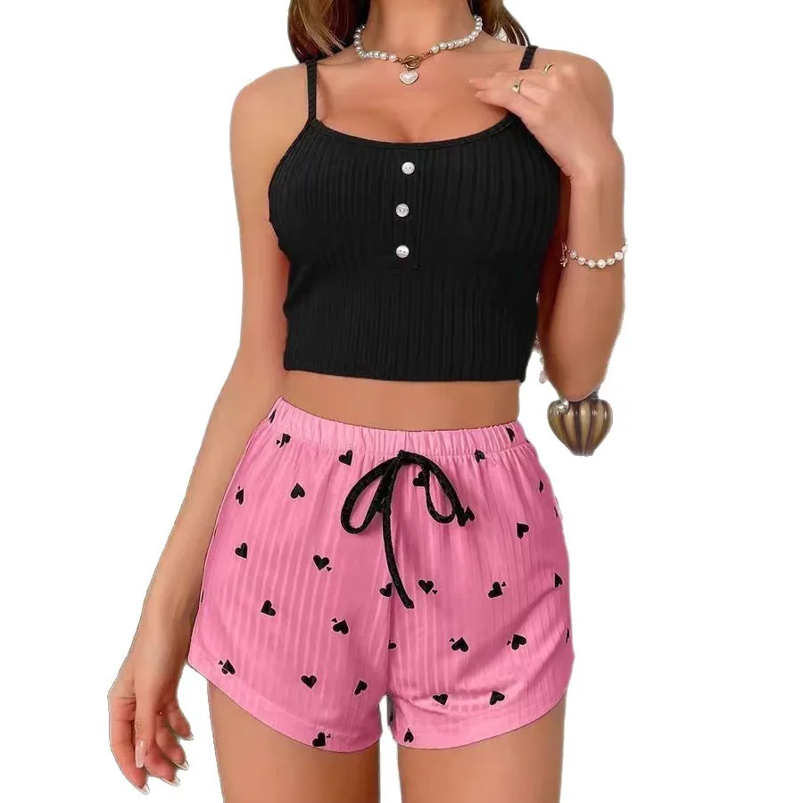 Set canotta e shorts a costine con stampa cuori