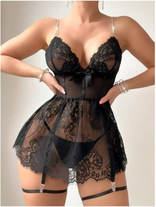 Camicia da notte in mesh con stampa e scollo profondo a V