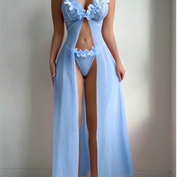 Lingerieset met lange cami-jurk van bloemenmesh