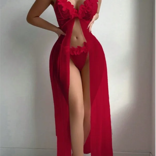 Lingerieset met lange cami-jurk van bloemenmesh