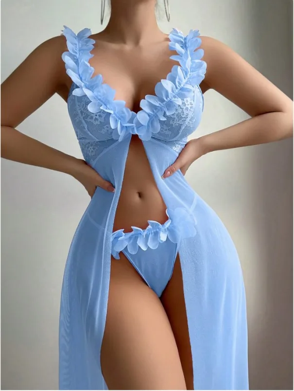 Lingerieset met lange cami-jurk van bloemenmesh