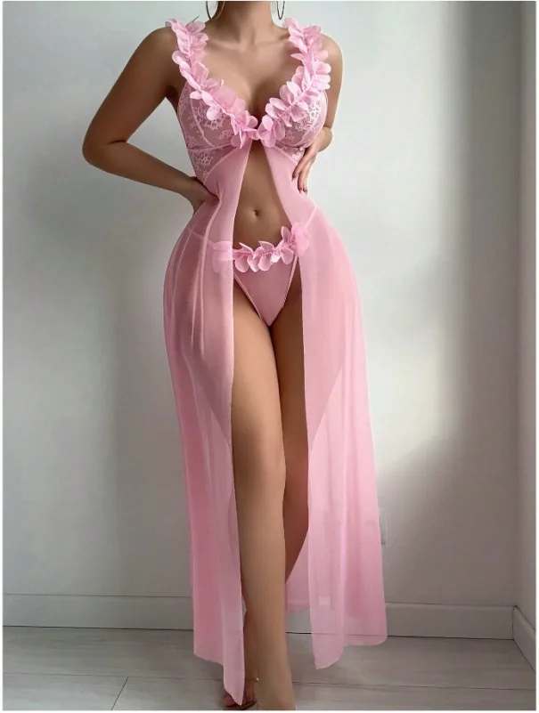 Lingerieset met lange cami-jurk van bloemenmesh
