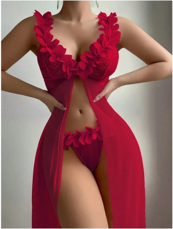 Lingerieset met lange cami-jurk van bloemenmesh